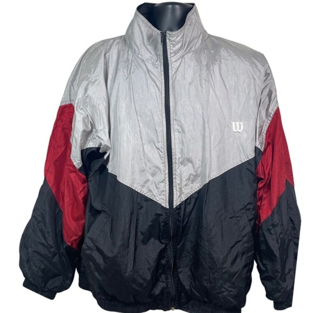 Wilson Vintage Colorblock Windbreaker Jacket Silver Black‎ Red Men L track 90s